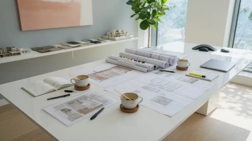 Consultation table with house plans for buyer negotiation