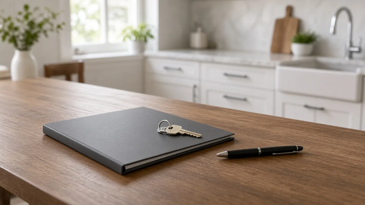 A closed folder and house keys on a kitchen table