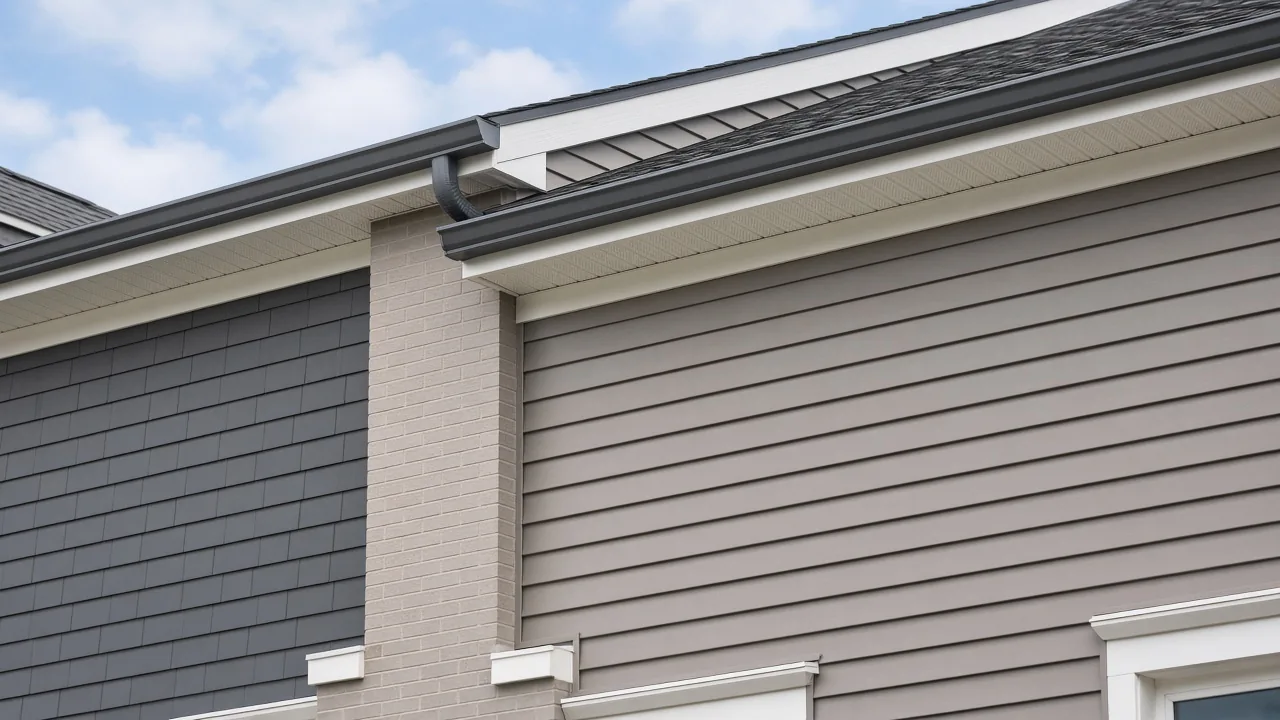 Exterior wall and roofline of a new attached townhome