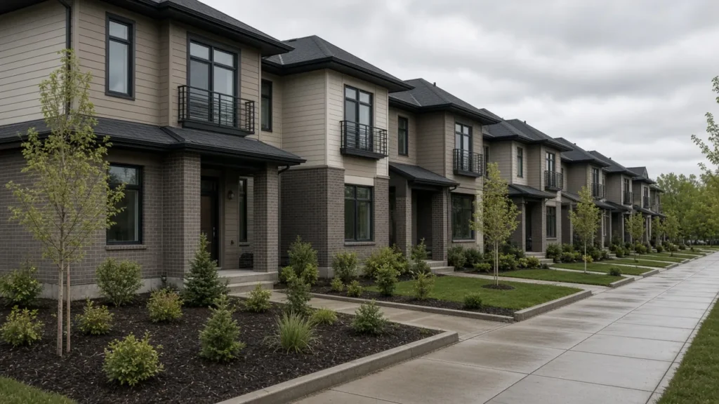 Row of new townhomes with small front yards