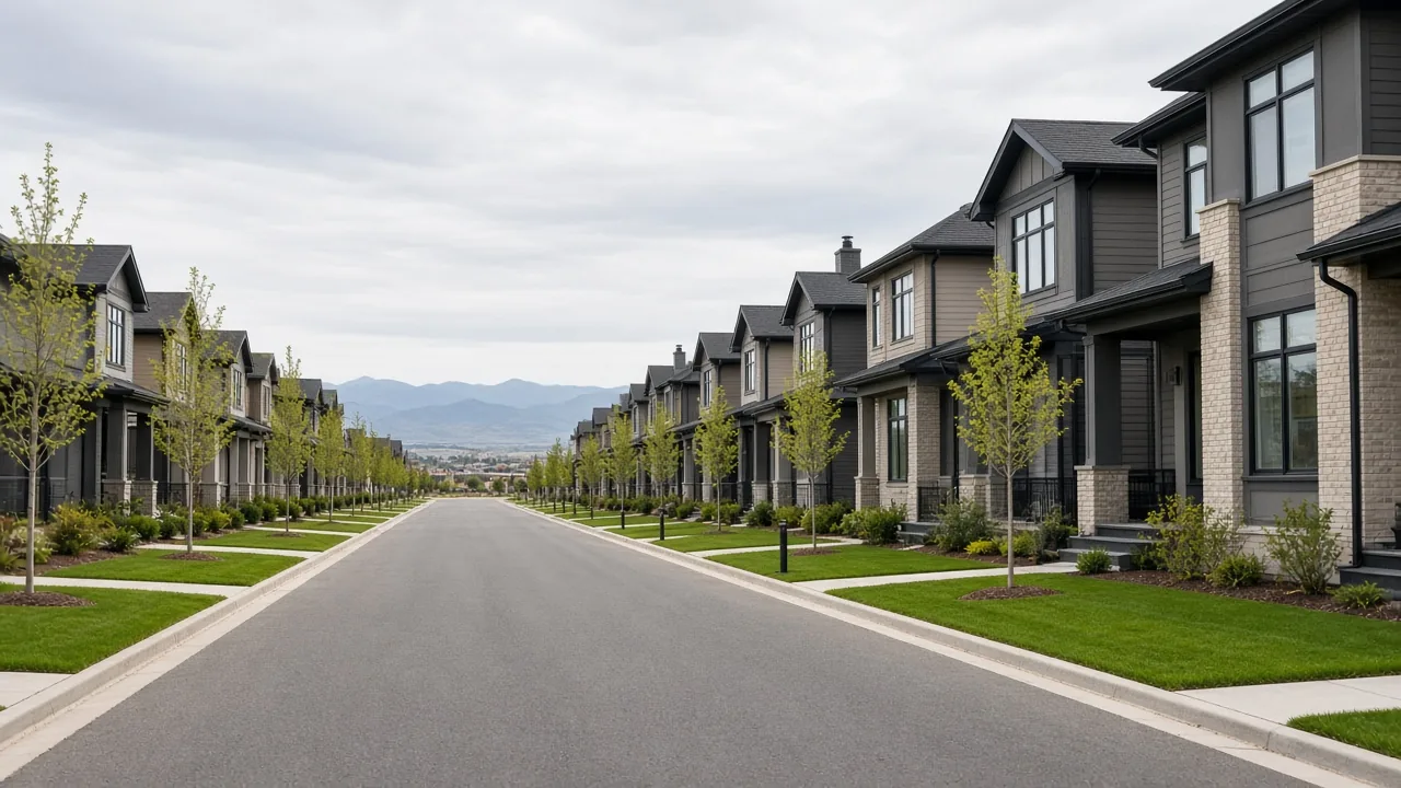 A quiet street of new attached homes with young trees
