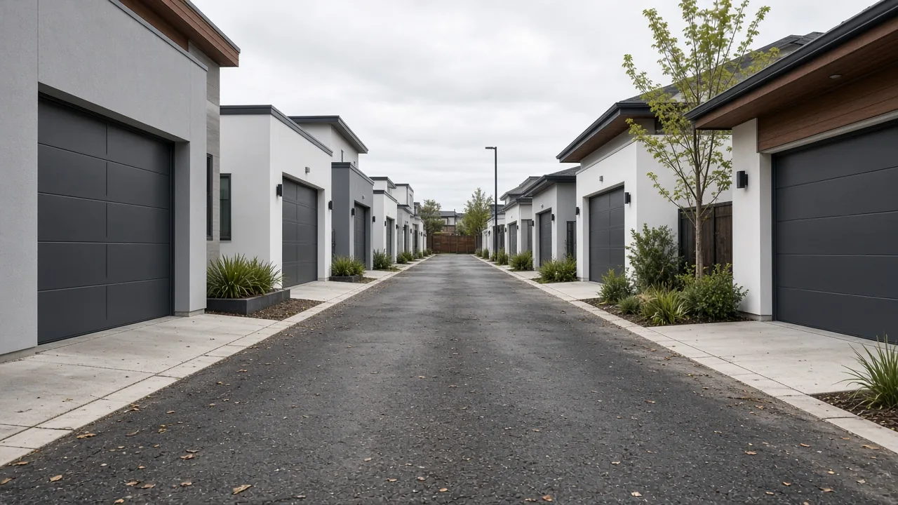 Rear lane with garage doors facing the lane