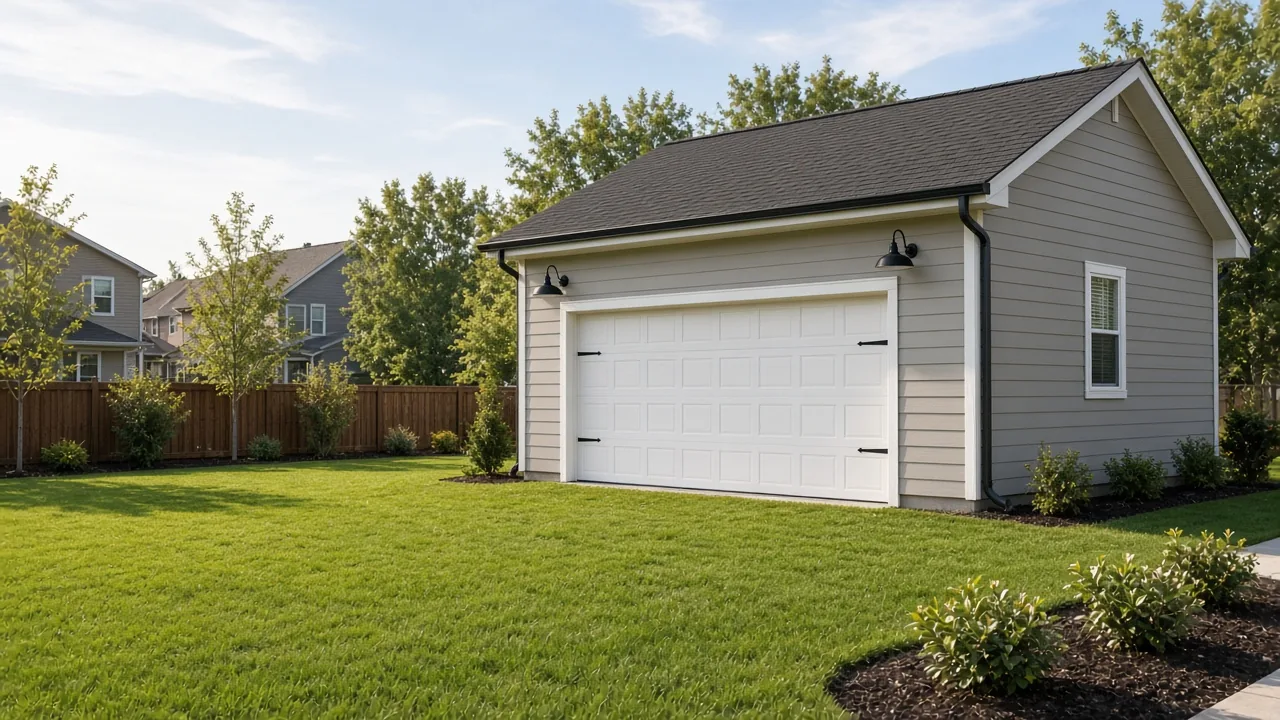 Detached garage beside a backyard on a new home lot