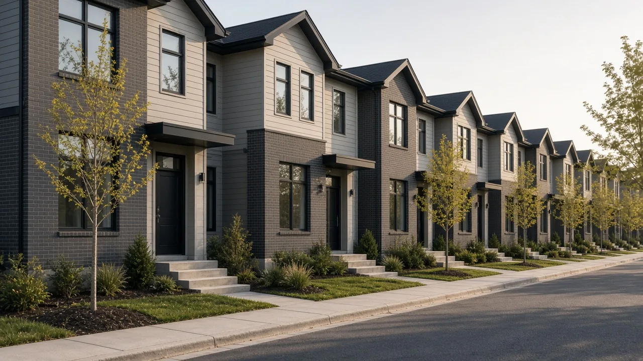 A row of new attached townhomes on a quiet street