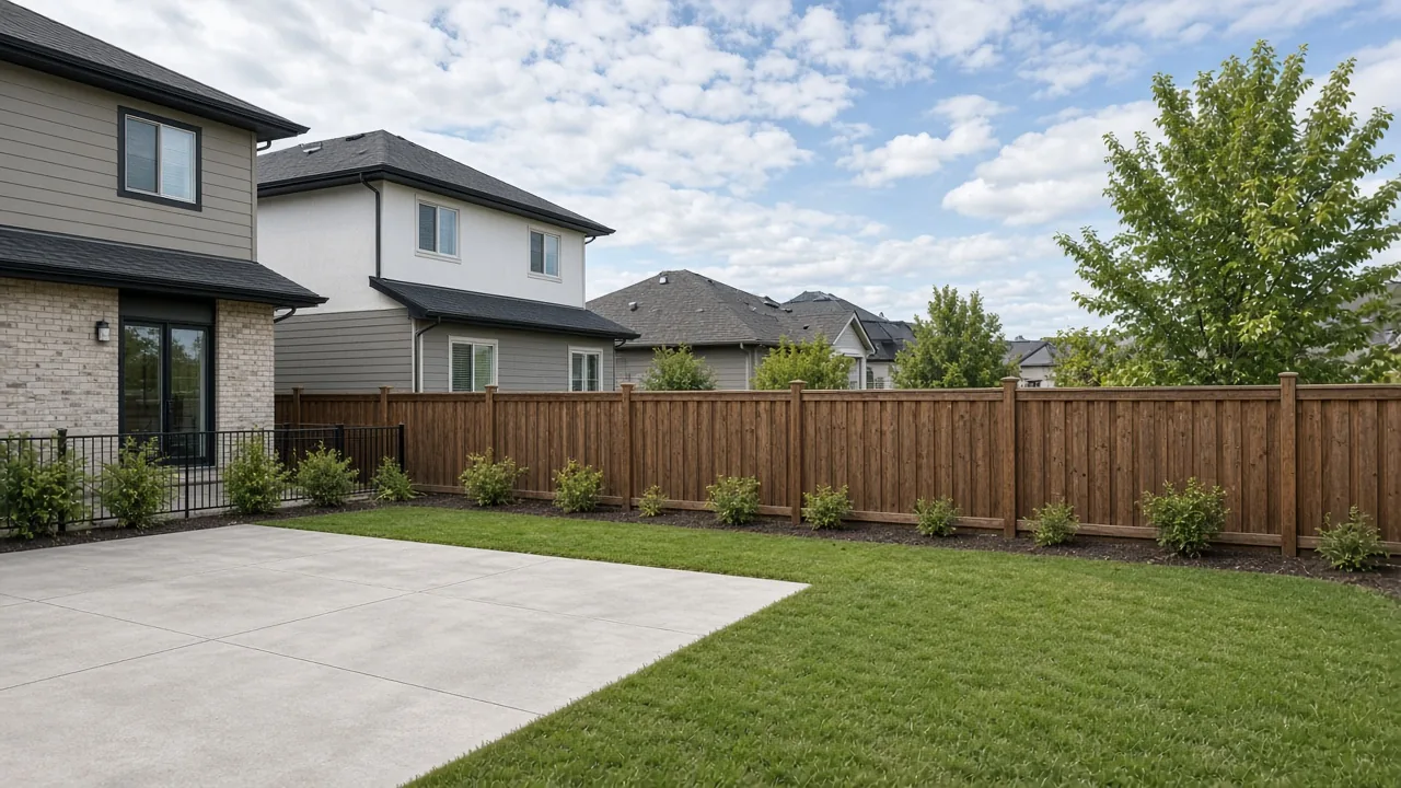 Fenced backyard behind a new semi-detached home
