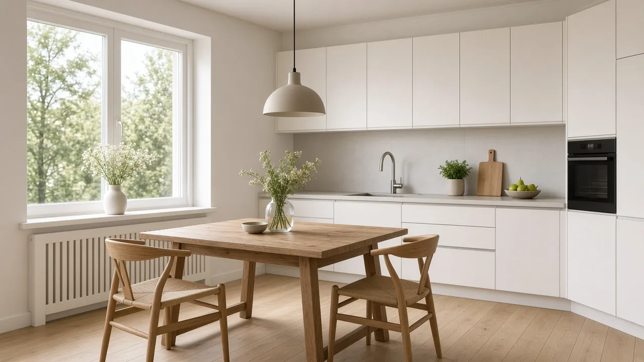 Small kitchen with a table in a new home