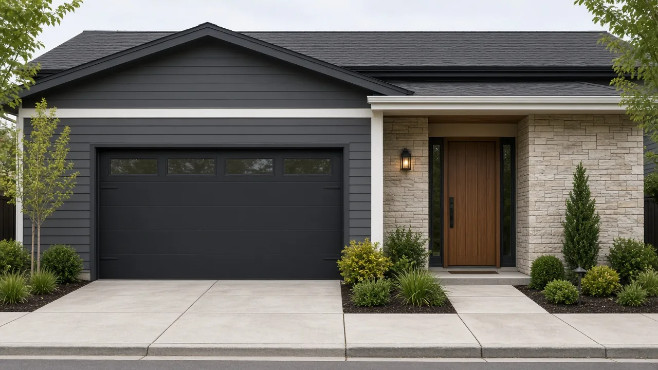 Front of a new home where the garage and the front door face the street