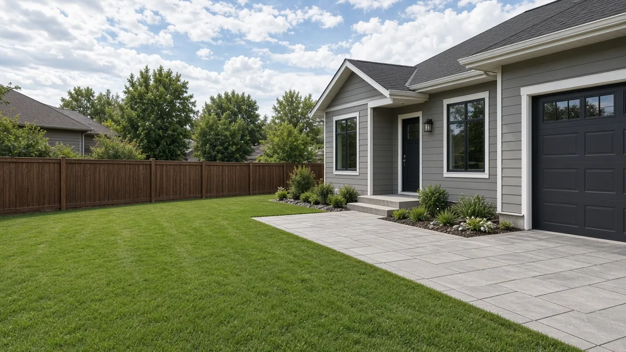 Backyard behind a new home with a front garage
