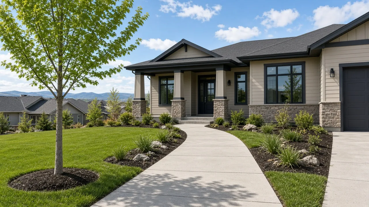 New home exterior with a front walk and a young tree