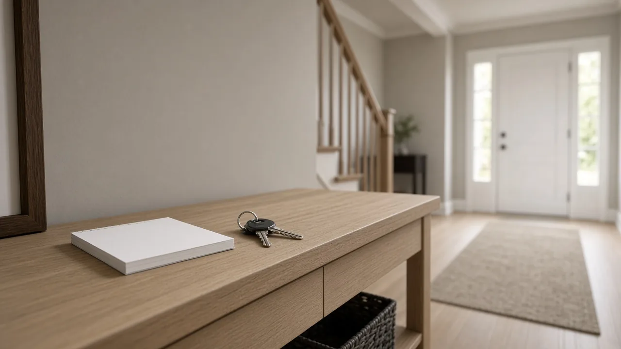 Keys and a notepad on a table in a new home entry