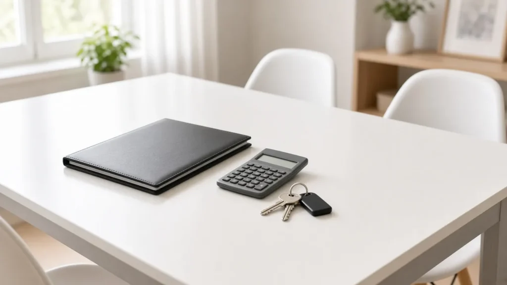 Folder and keys on a table in a new home