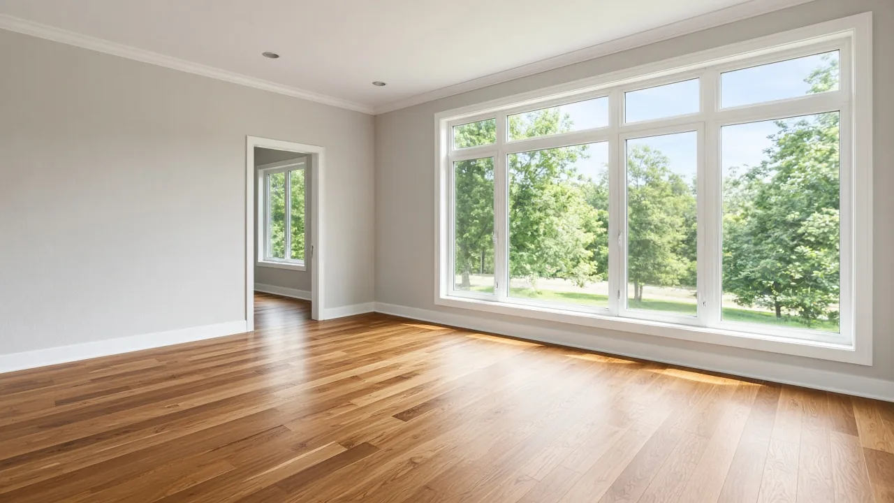 Empty new-home living room with large windows