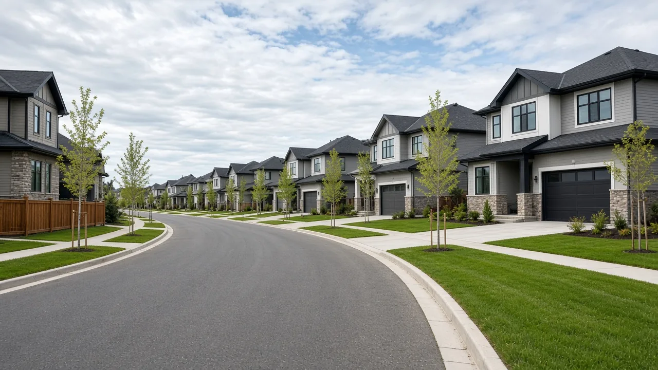 Quiet street of completed new homes