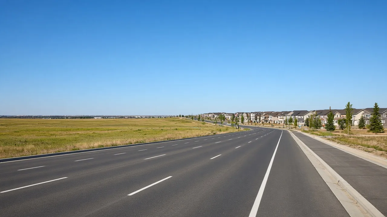Open prairie and a major road at the edge of a new northeast community