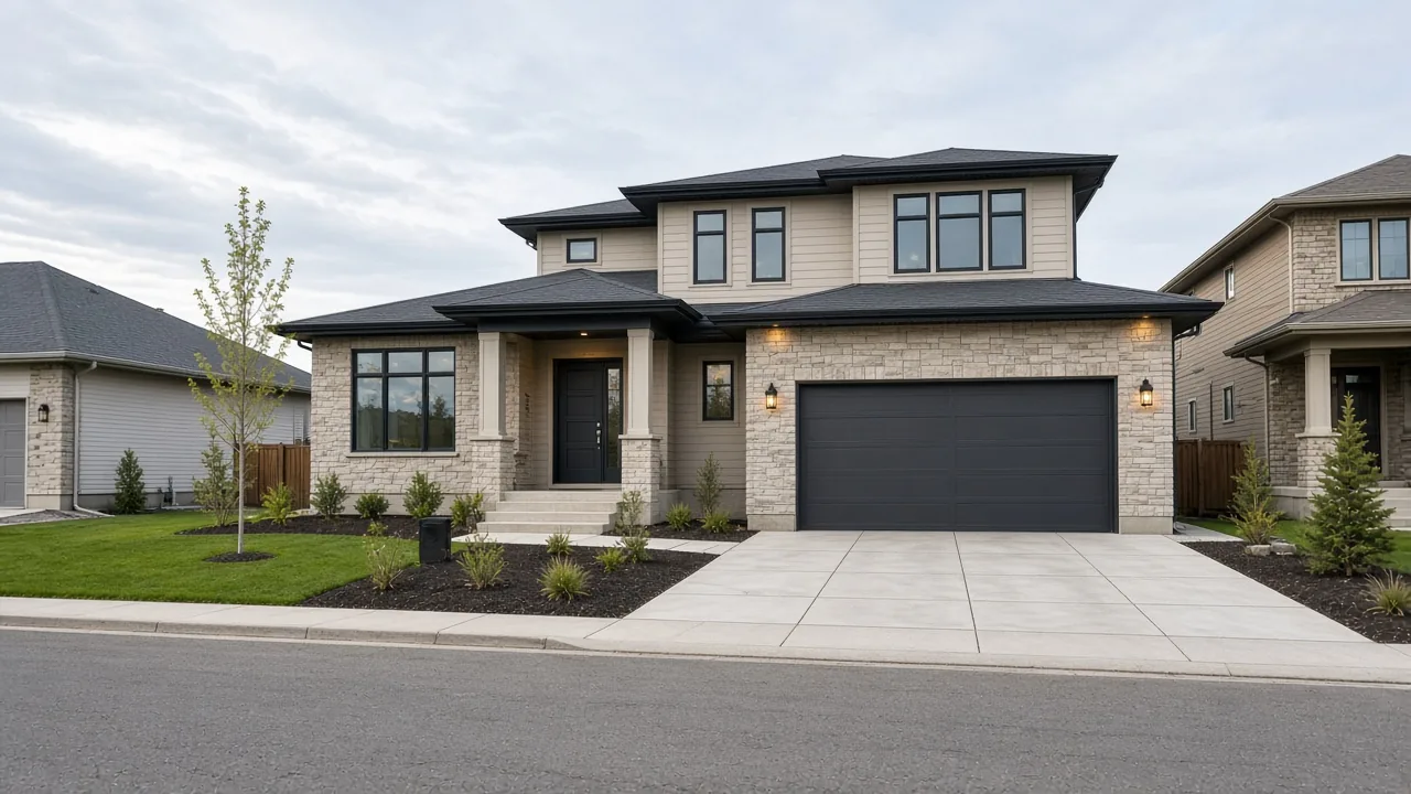 A new two-storey home with a front garage on a wide suburban street