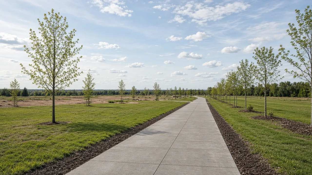 A pathway through grass and young trees in a new community