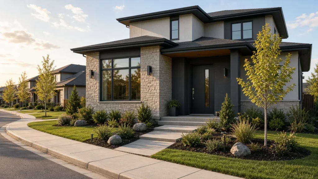 Finished new home exterior in a Calgary suburb
