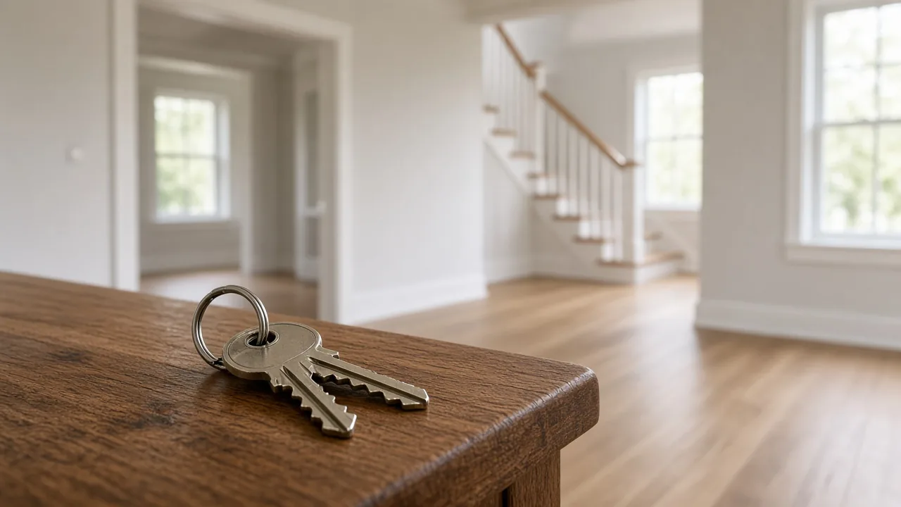 House keys on a console in a bright empty new-home foyer