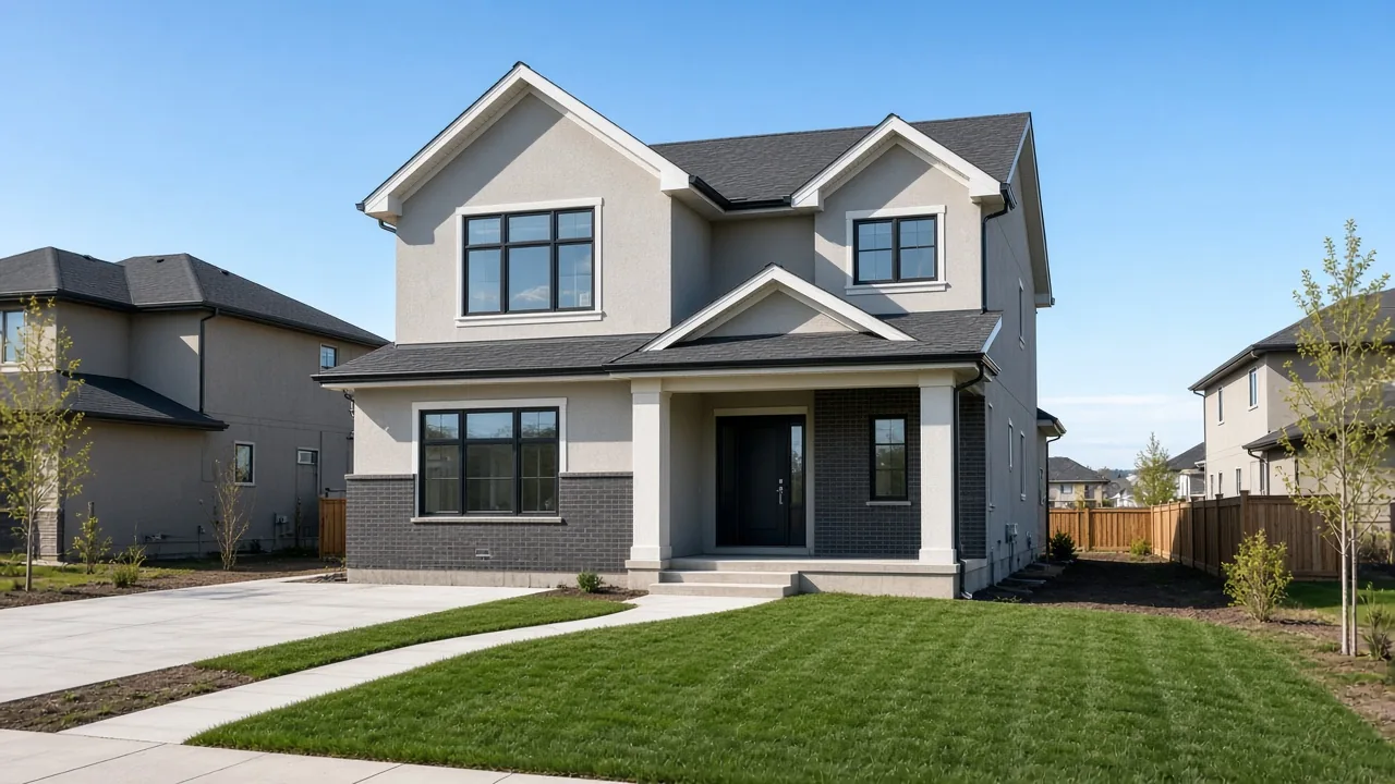 Nearly complete new house exterior with fresh sod in a Calgary suburb