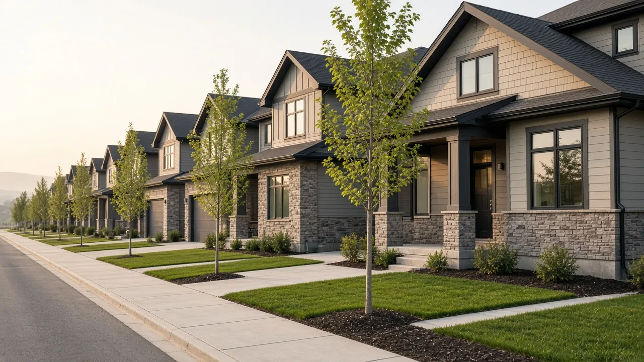 Row of completed new homes on a quiet Calgary street
