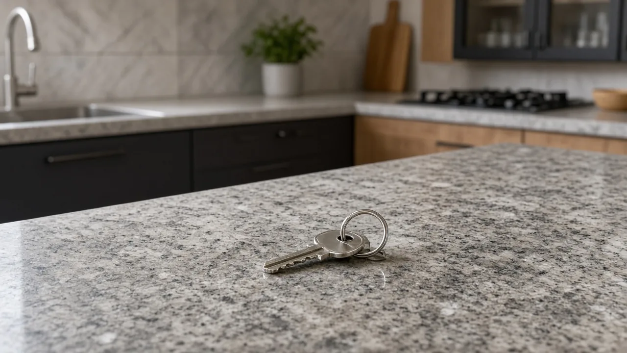Keys on a counter in a new home kitchen