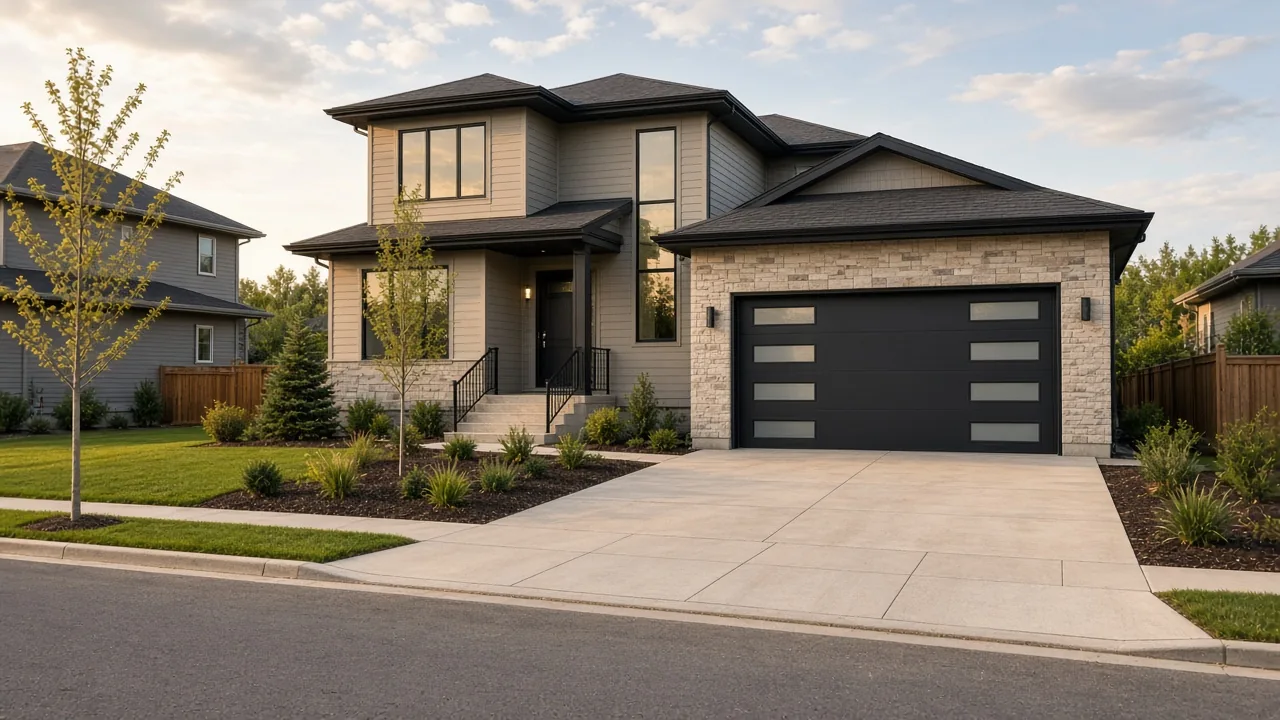New front-garage home on a quiet suburban street