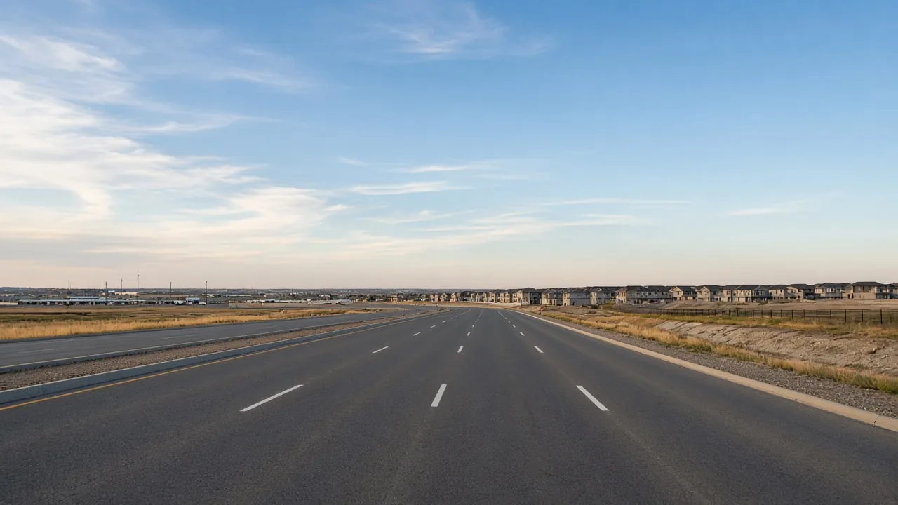 Major road at the edge of a new suburban community