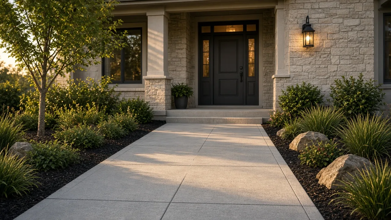 Front door of a new home at the end of a walkway
