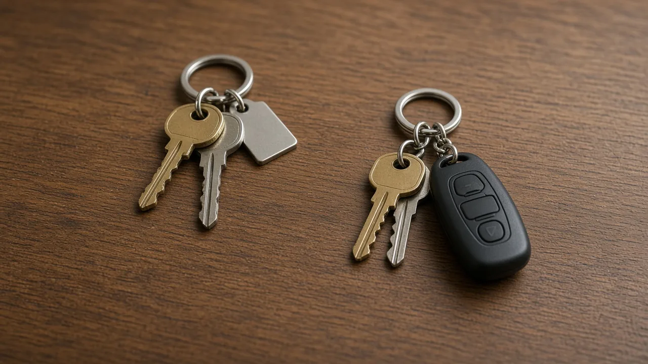 Two sets of house keys on a wood table
