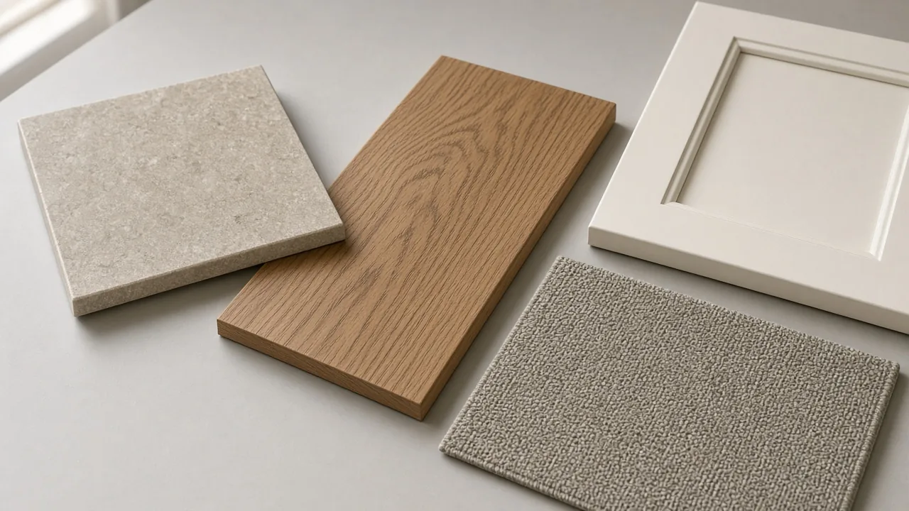 Stone, wood, and carpet finish samples laid out on a table