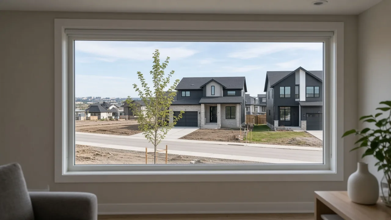 View from a show home window toward a sidewalk and neighbouring new homes
