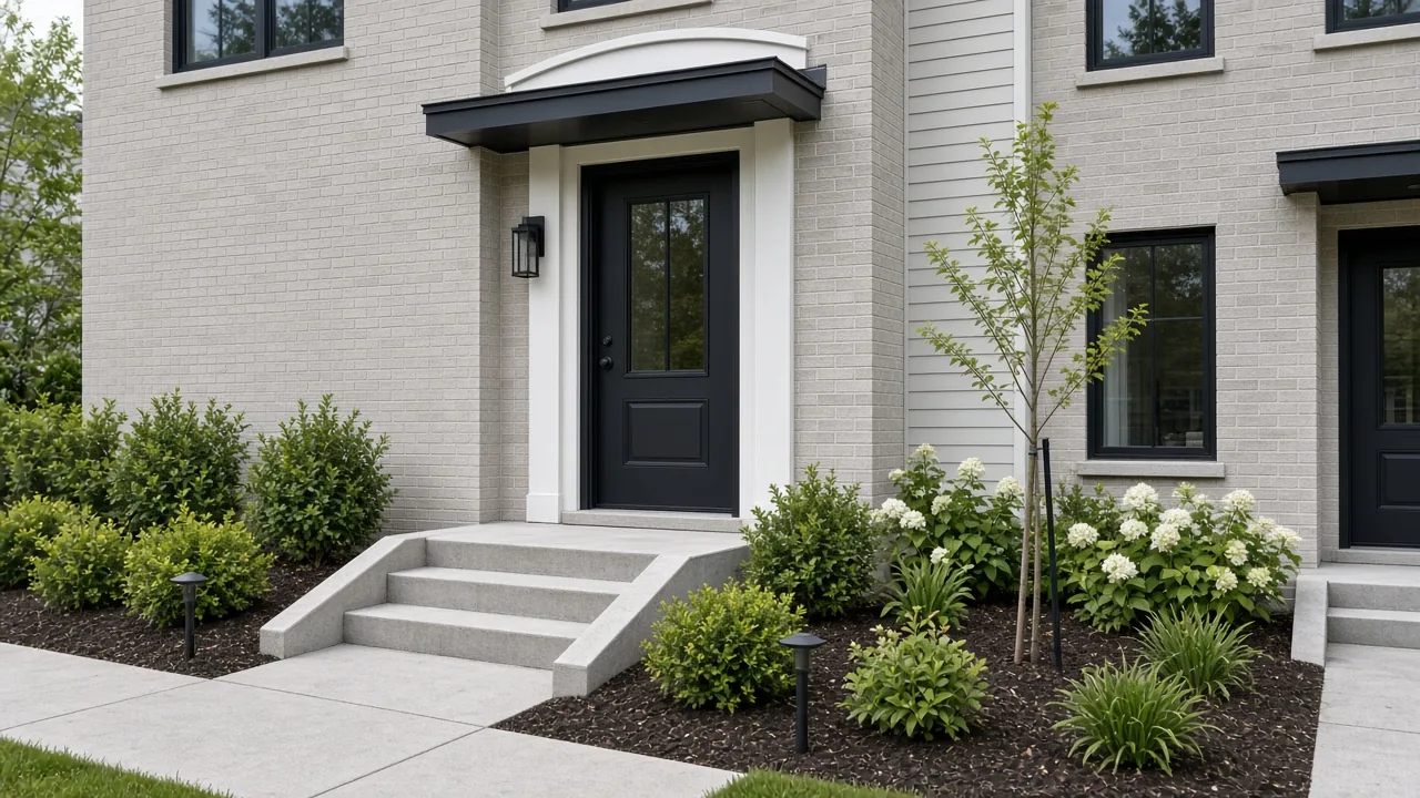Front door and sidewalk of a new townhome