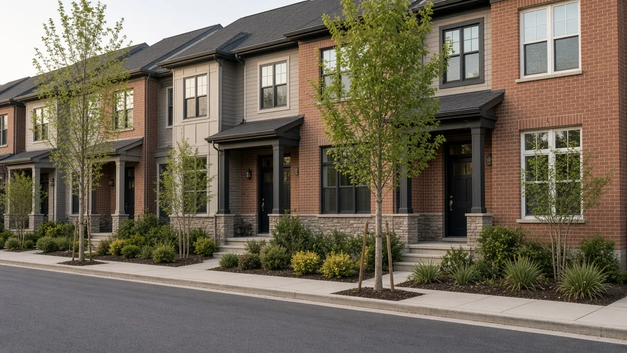 Row of new townhomes along a residential street