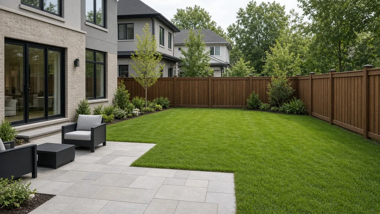 Fenced backyard behind a new townhome