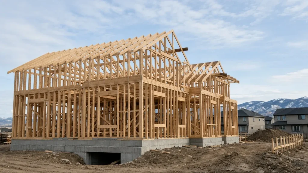 New house framing on a construction site