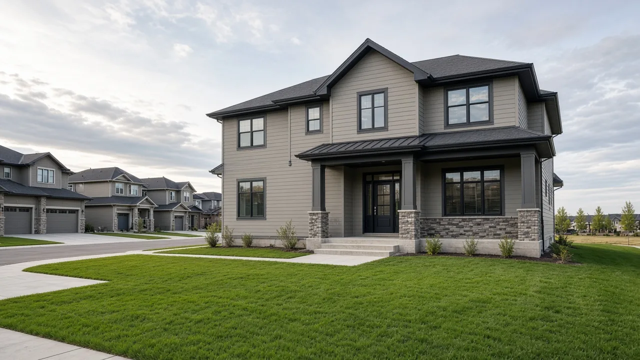 Nearly finished new home exterior with fresh sod