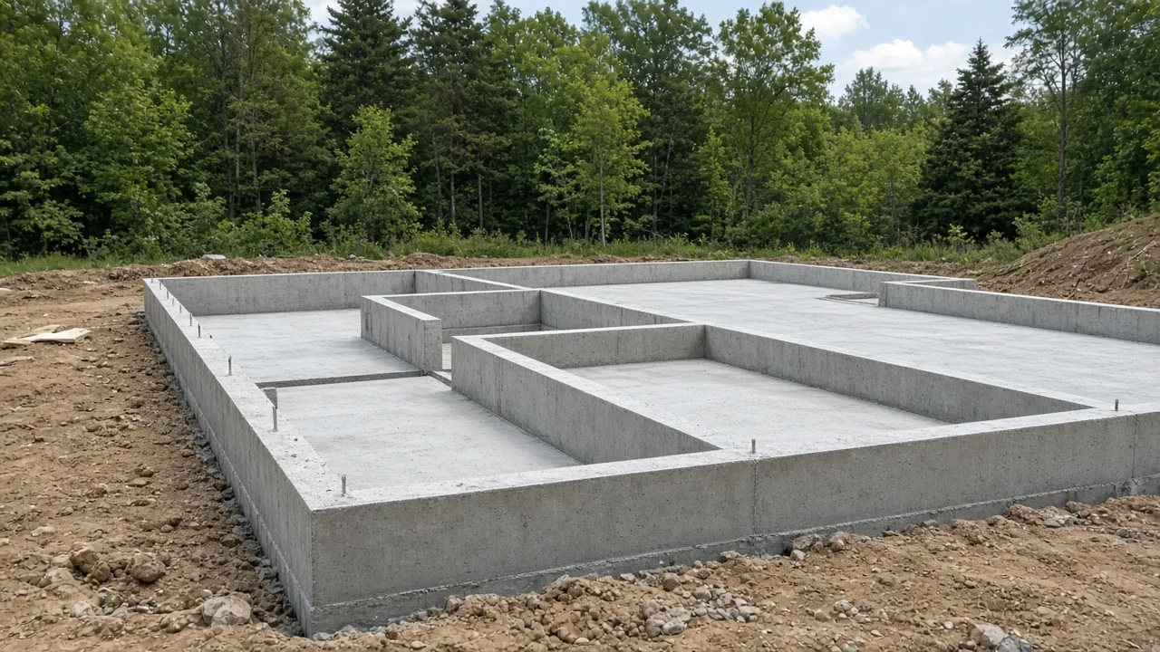Concrete foundation of a new home before the excavation is backfilled