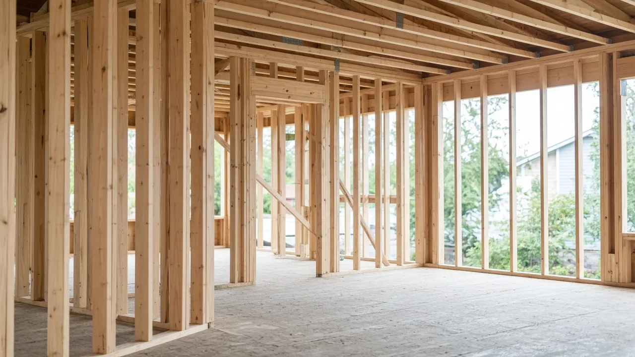 Wood framing inside a new house before drywall