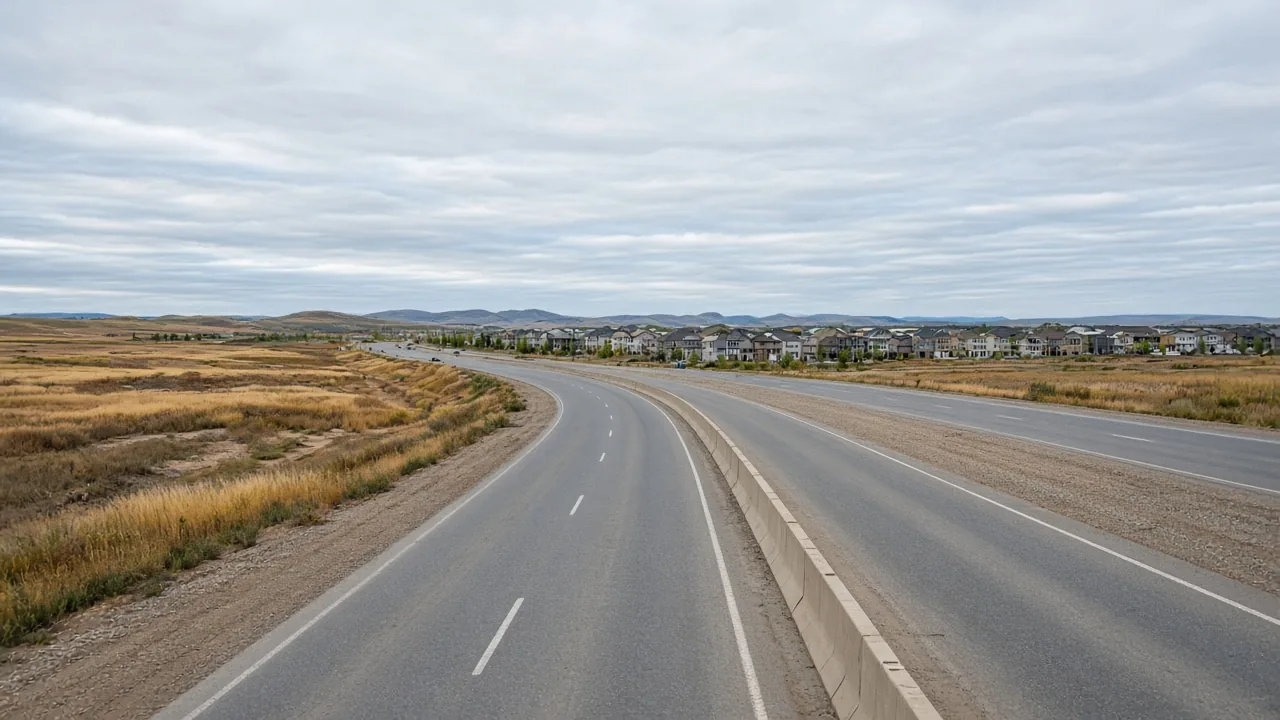 Open land and a major road at the edge of a new suburb