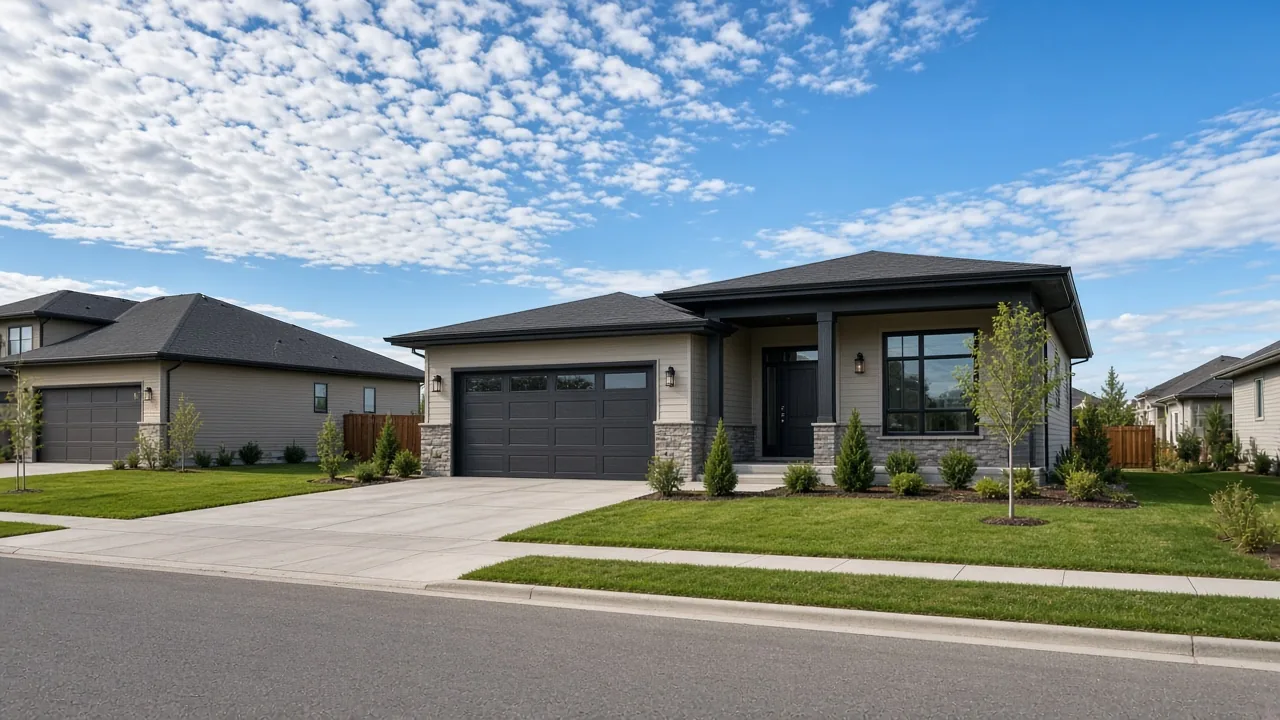 New front-garage home on a quiet suburban street