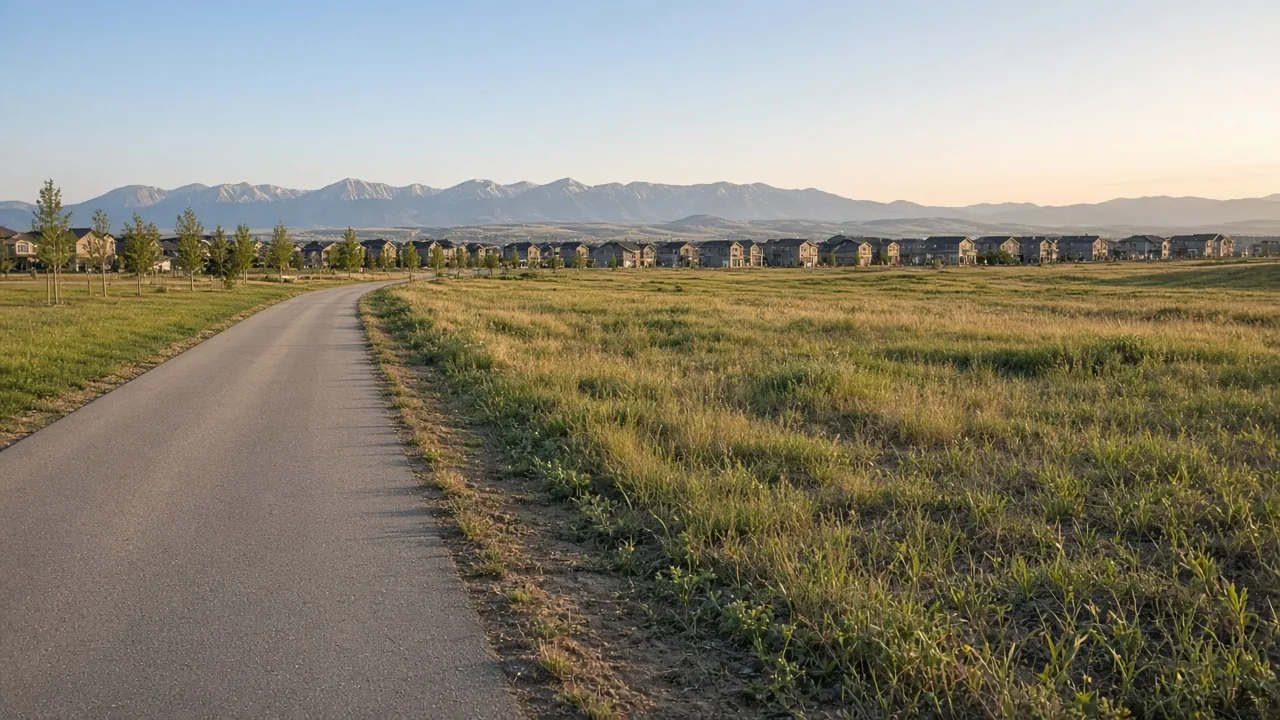 Paved path and open grass at the edge of a new community