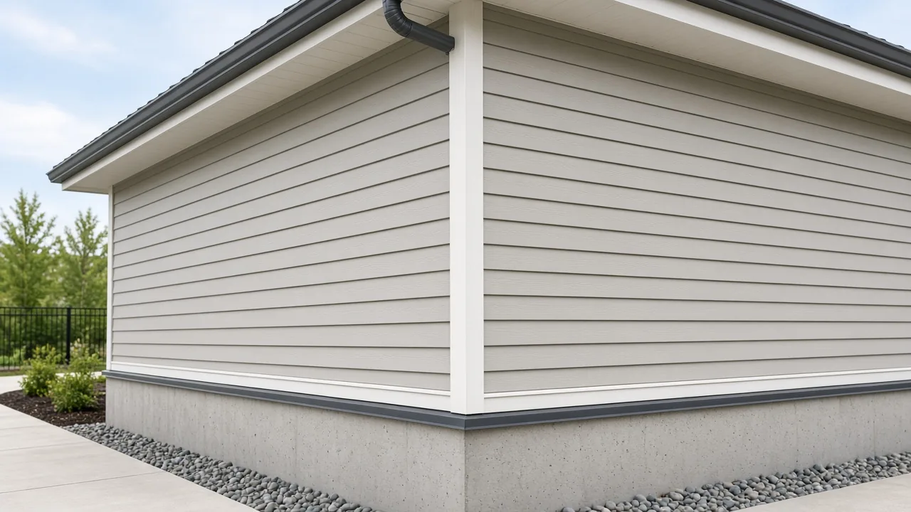 Exterior corner of a new home showing siding and the foundation line