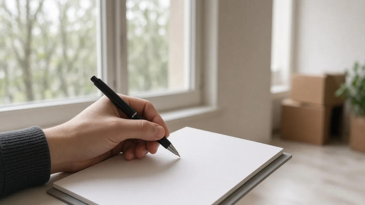 A pen and a blank notepad beside a new-home window
