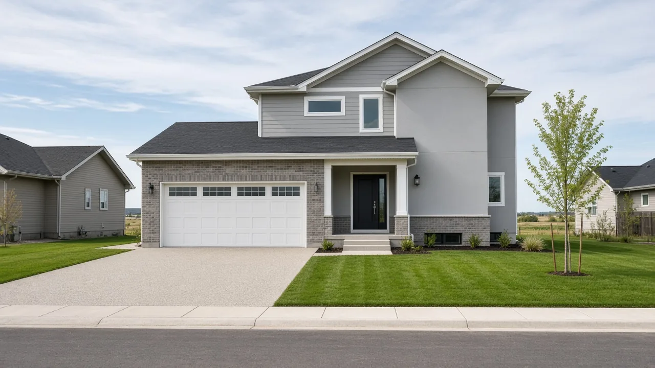 New two-storey home with fresh sod in a prairie town